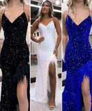 Mermaid / Trumpet Prom Dresses Sparkle & Shine Dress Formal Court Train Sleeveless V Neck Sequined Backless with Sequin Slit 2023 - dennisdresses