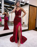 Mermaid / Trumpet Prom Dresses Sparkle & Shine Dress Formal Court Train Sleeveless V Neck Sequined Backless with Sequin Slit 2023 - dennisdresses