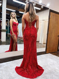 Mermaid / Trumpet Prom Dresses Sparkle & Shine Dress Formal Sweep / Brush Train Sleeveless Spaghetti Strap Sequined Backless with Beading Sequin Slit 2023 - dennisdresses