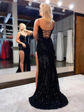 Mermaid / Trumpet Prom Dresses Sparkle & Shine Dress Formal Sweep / Brush Train Sleeveless Spaghetti Strap Sequined Backless with Beading Sequin Slit 2023 - dennisdresses