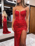 Mermaid / Trumpet Prom Dresses Sparkle & Shine Dress Formal Sweep / Brush Train Sleeveless Spaghetti Strap Sequined Backless with Beading Sequin Slit 2023 - dennisdresses