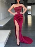 Mermaid / Trumpet Sexy Sparkle & Shine Prom Formal Evening Dress Strapless Long Sleeve Sweep / Brush Train Sequined with Sequin Slit 2023 - dennisdresses