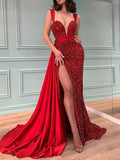 Mermaid / Trumpet Sparkle Sexy Engagement Formal Evening Birthday Dress V Neck Sleeveless Sweep / Brush Train Sequined with Slit 2023 - dennisdresses