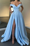 A-Line Minimalist Sexy High Split Engagement Prom Birthday Dress Off Shoulder Sleeveless Floor Length Satin with Pleats Slit 2023