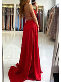 A-Line Prom Dresses Empire Dress Formal Sweep / Brush Train Sleeveless V Neck Imitation Silk Backless with Pleats Slit 2023