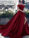 Off Shoulder Prom Dress Ball Gown Long Satin Wedding Dress Formal Evening Gowns for Women with Slit - dennisdresses