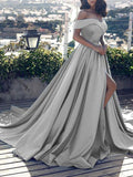 Off Shoulder Prom Dress Ball Gown Long Satin Wedding Dress Formal Evening Gowns for Women with Slit - dennisdresses