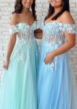 Off-the-Shoulder A-line Long/Floor-Length Tulle Prom Dress With Lace Appliqued - dennisdresses