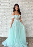 Off-the-Shoulder A-line Long/Floor-Length Tulle Prom Dress With Lace Appliqued