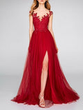 A-Line Evening Gown Sexy Dress Engagement Court Train Sleeveless V Neck Chiffon with Slit Appliques 2023