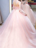 A-Line Prom Dresses Glittering Dress Formal Sweep / Brush Train Long Sleeve Jewel Neck Tulle with Appliques 2023