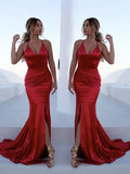 Mermaid / Trumpet Prom Dresses Empire Dress Formal Court Train Sleeveless V Neck Charmeuse Backless with Slit 2023