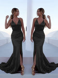 Mermaid / Trumpet Prom Dresses Empire Dress Formal Court Train Sleeveless V Neck Charmeuse Backless with Slit 2023