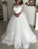 A-Line Off-the-Shoulder Long Sleeves Court Train Lace Tulle Wedding Dresses