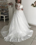 A-Line Off-the-Shoulder Long Sleeves Court Train Lace Tulle Wedding Dresses