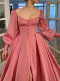 A-Line Evening Gown Elegant Dress Formal Floor Length Long Sleeve Scoop Neck Satin with Slit 2023