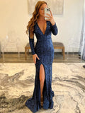 Mermaid / Trumpet Evening Gown Open Back Dress Formal Floor Length Long Sleeve V Neck Sequined with Sequin 2023