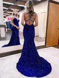 Mermaid / Trumpet Prom Dresses Sparkle & Shine Dress Formal Court Train Sleeveless V Neck Sequined with Sequin 2023