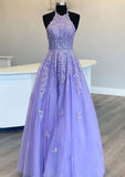 Princess Halter Long/Floor-Length Lace Tulle Prom Dress With Appliqued Beading