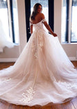 Princess Off-the-Shoulder Chapel Train Tulle Wedding Dress With Appliques Lace Beading - dennisdresses