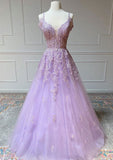 Princess Spaghetti Straps Long/Floor-Length Tulle Prom Dress With Beading Appliqued