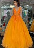 Princess V Neck Long/Floor-Length Tulle Prom Dress With Appliqued - dennisdresses