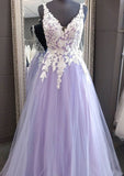 Princess V Neck Long/Floor-Length Tulle Prom Dress With Appliqued Lace - dennisdresses