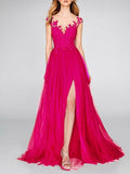 A-Line Evening Gown Sexy Dress Engagement Court Train Sleeveless V Neck Chiffon with Slit Appliques 2023