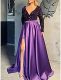 A-Line Celebrity Style Sparkle Sexy Party Wear Prom Dress V Neck Long Sleeve Sweep / Brush Train Satin with Slit Splicing 2023