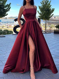 A-Line Evening Gown Sexy Dress Prom Sweep / Brush Train Sleeveless Spaghetti Strap Satin with Slit Pure Color 2023