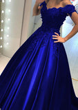 Satin Court Train A-Line/Princess Sleeveless Off-The-Shoulder Zipper Prom Dress With Appliqued - dennisdresses