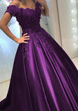 Satin Court Train A-Line/Princess Sleeveless Off-The-Shoulder Zipper Prom Dress With Appliqued - dennisdresses