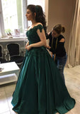 Satin Court Train A-Line/Princess Sleeveless Off-The-Shoulder Zipper Prom Dress With Appliqued - dennisdresses