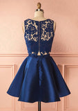 Satin Homecoming Dress A-Line/Princess Bateau Short/Mini With Lace - dennisdresses