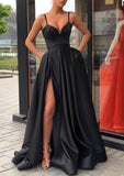 Satin Prom Dress A-line/Princess Long/Floor-Length Sleeveless With Split Pockets - dennisdresses