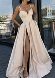 Satin Prom Dress A-line/Princess Long/Floor-Length Sleeveless With Split Pockets - dennisdresses