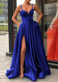 Satin Prom Dress A-line/Princess Long/Floor-Length Sleeveless With Split Pockets - dennisdresses