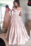 Satin Prom Dress A-Line/Princess Off-The-Shoulder Long/Floor-Length With Beaded - dennisdresses