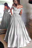 Satin Prom Dress A-Line/Princess Off-The-Shoulder Long/Floor-Length With Beaded - dennisdresses