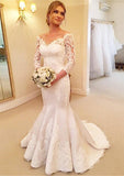 Satin Sweep Train Trumpet/Mermaid 3/4 Sleeve Off-The-Shoulder Covered Button Wedding Dress With Appliqued - dennisdresses