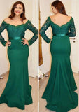 Satin Sweep Train Trumpet/Mermaid Full/Long Sleeve Off-The-Shoulder Zipper Prom Dress With Appliqued