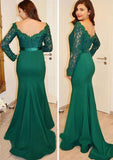 Satin Sweep Train Trumpet/Mermaid Full/Long Sleeve Off-The-Shoulder Zipper Prom Dress With Appliqued - dennisdresses