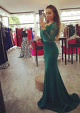 Satin Sweep Train Trumpet/Mermaid Full/Long Sleeve Off-The-Shoulder Zipper Prom Dress With Appliqued - dennisdresses