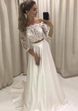 Satin Wedding Dress A-Line/Princess Off-The-Shoulder Sweep Train With Lace - dennisdresses