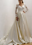 Satin Wedding Dress A-Line/Princess Sweetheart Court Train With Lace - dennisdresses