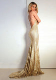 Sequined Prom Dress Trumpet/Mermaid V-Neck Court Train With Pleated - dennisdresses