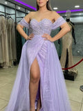 Sheath / Column Prom Dresses Sparkle & Shine Dress Prom Sweep / Brush Train Short Sleeve Sweetheart Detachable Sequined with Slit Overskirt 2023 - dennisdresses