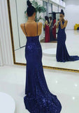 Sheath/Column Bateau Sleeveless Court Train Sequined Evening Dress With Pleated - dennisdresses