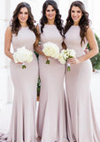 Sheath/Column Bateau Sleeveless Sweep Train Elastic Satin Bridesmaid Dresses With Pleated - dennisdresses