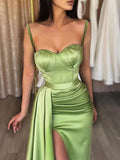 Sheath/Column Charmeuse Ruched Sweetheart Sleeveless Sweep/Brush Train Dresses - dennisdresses